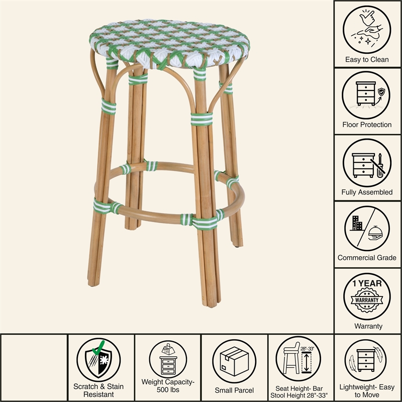 Butler Specialty Company Ballito 30 in. Seat Height Oval Rattan Bar Stool - White and Green