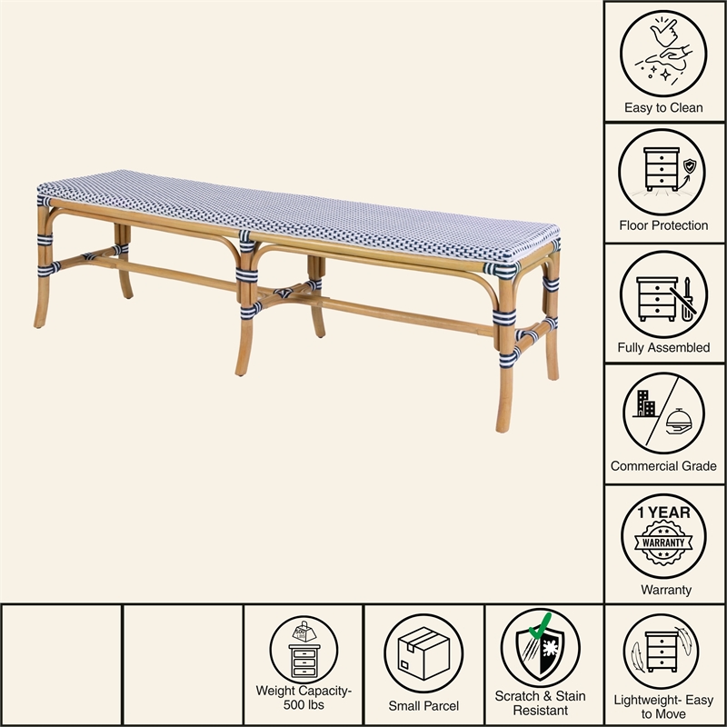 Butler Specialty Company Laguna 66.5 in. W Rattan Backless Accent Bench - White and Navy