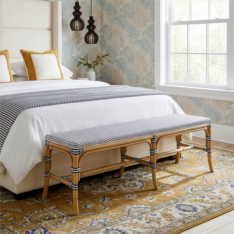 Butler Specialty Company Laguna 66.5 in. W Rattan Backless Accent Bench - White and Navy