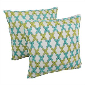 Blazing Needles 20 inch Throw Pillows in Ivory with Sea Green and Teal Beads