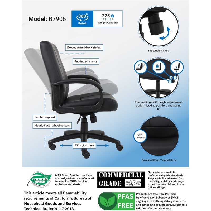 Boss Office Products Mid-Back Caressoft Vinyl Executive Office Chair in Black