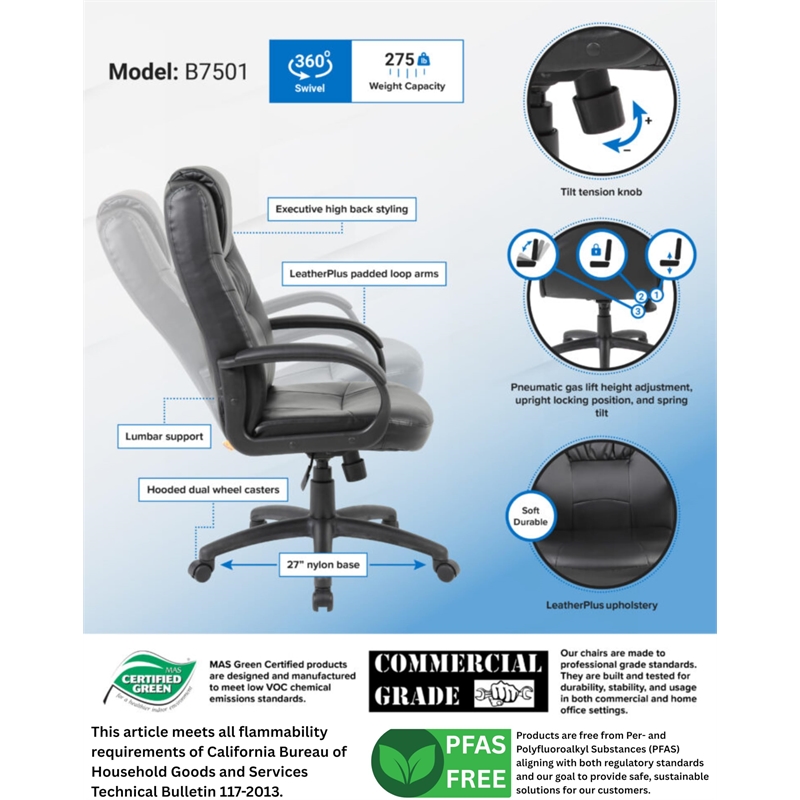 Boss Office Products Executive High Back LeatherPlus Chair in Black