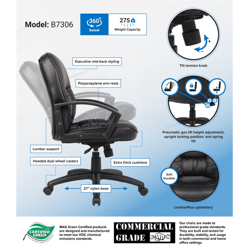 Boss Office Products Mid Back LeatherPlus Chair with Casters in Black