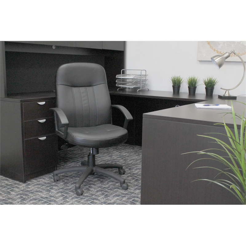 Boss Office Products Leather Contemporary Executive Office Chair in Black