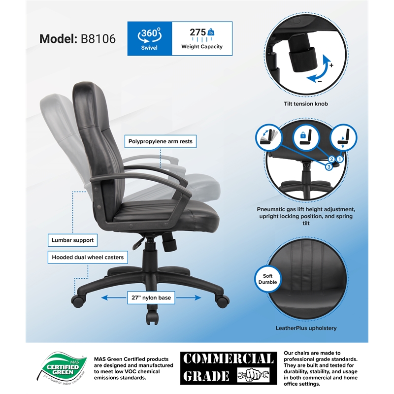 Boss Office Products Leather Contemporary Executive Office Chair in Black