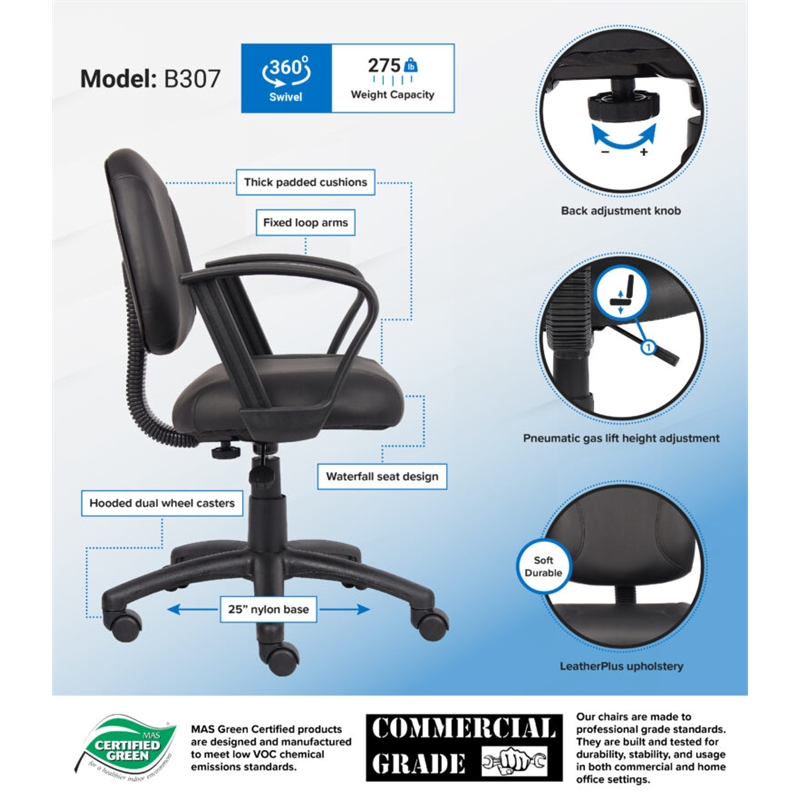Boss Office Products LeatherPlus Deluxe Posture Chair with Loop Arms in Black