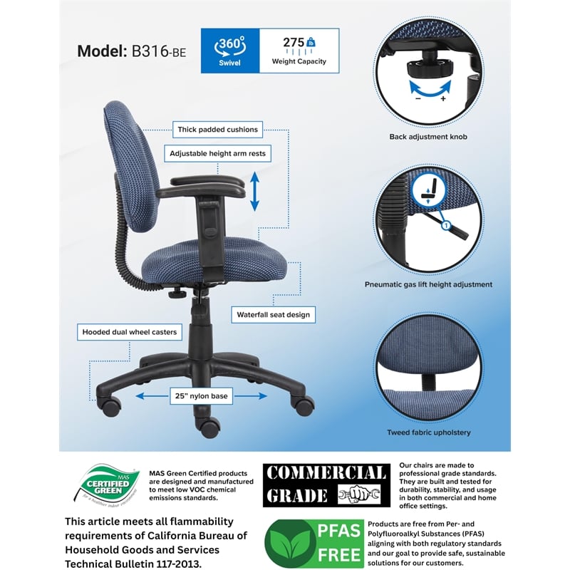 Boss Office Products DX Posture Office Chair with Adjustable Arms in Blue