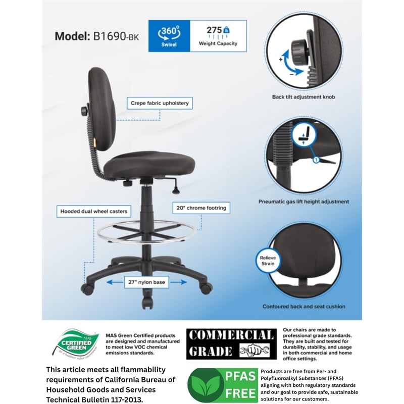 Boss Office Products Stand Up Fabric Drafting Stool with Foot Rest in Black