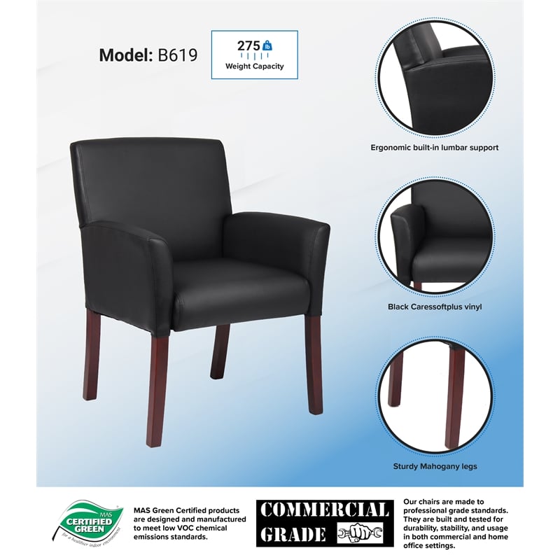 Boss Office Products Caressoft Box Arm Guest Chair w/Mahogany Wood Legs in Black