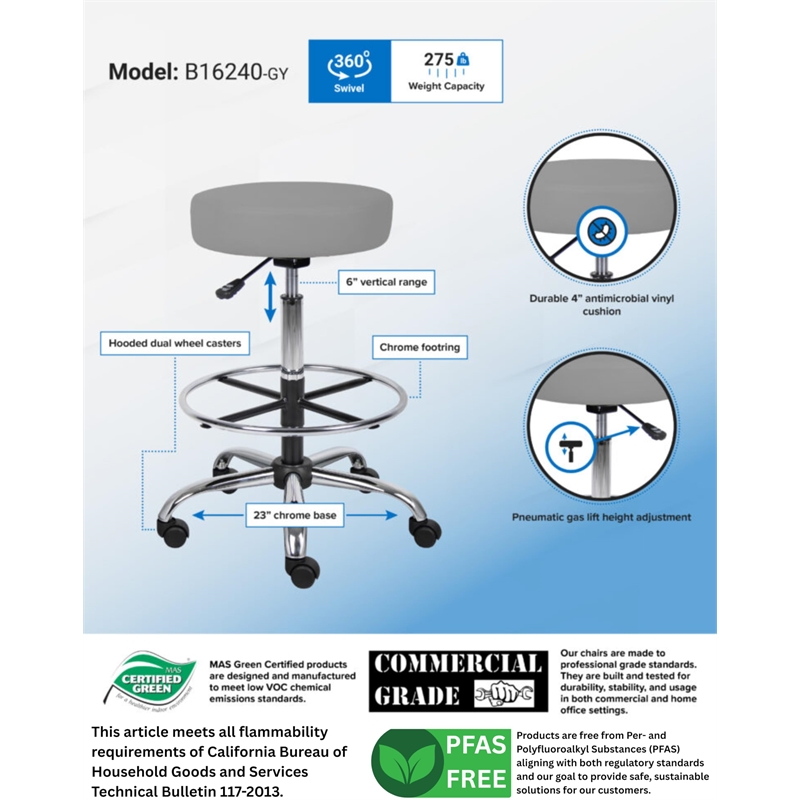 Boss Office Products Vinyl Medical/Drafting Stool in Gray