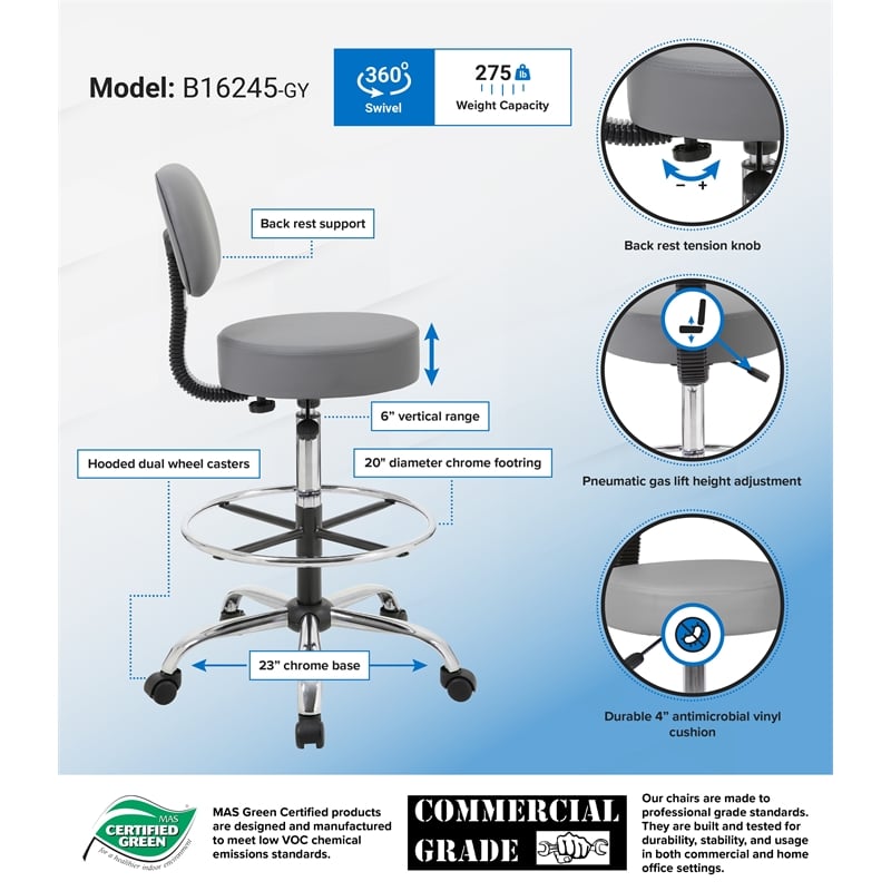 Boss Office Products Vinyl Mid-Back Medical/Drafting Stool in Gray