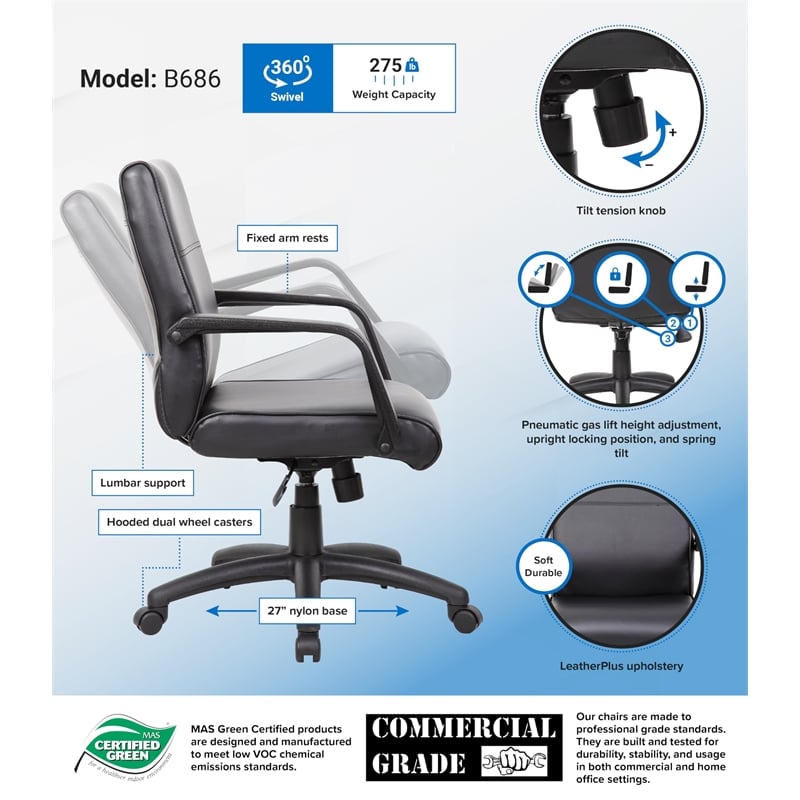 Boss Office Products Mid Back Executive Office Chair in Leather Plus in Black