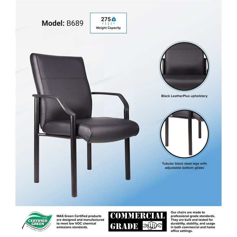 Boss Office Products Metal 4 Leg Side Guest Chair in Leather Plus in Black
