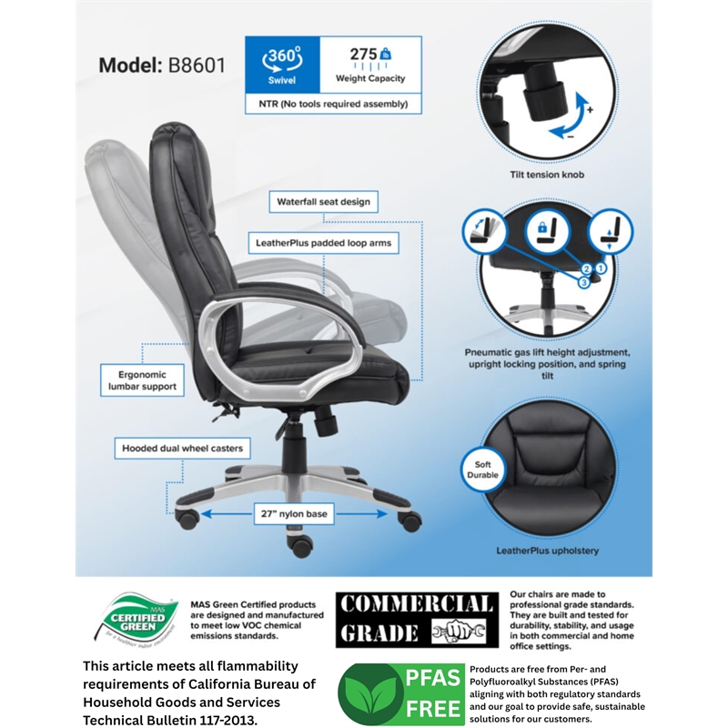 Boss Office Products No Tools Required Executive Leather Office Chair in Black