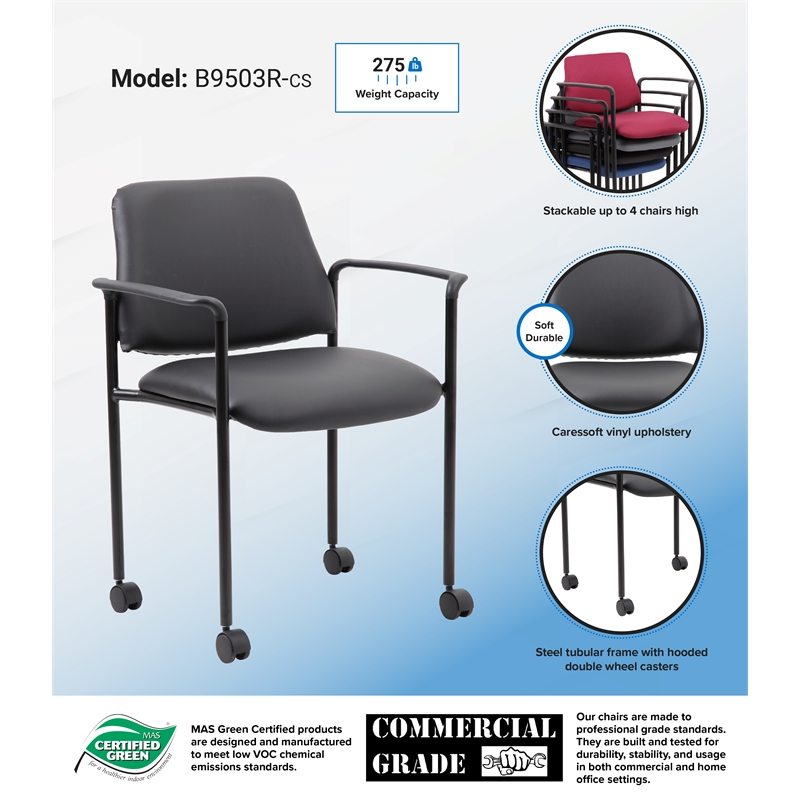 Boss Office Square Back  Diamond Stacking Chair with Arm In Black Caressoft