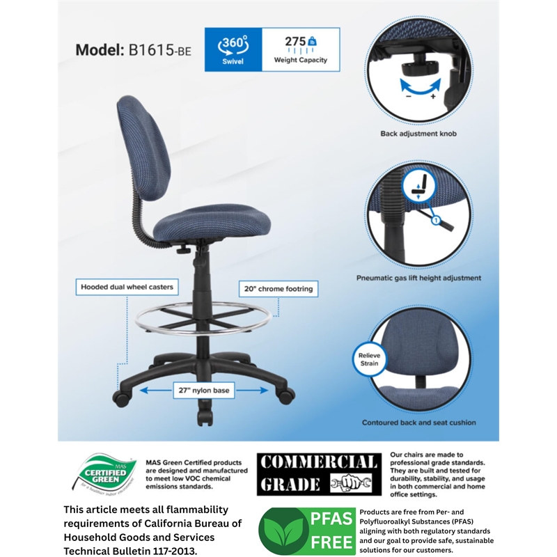 Boss Office Contoured Comfort Rolling Fabric Drafting Stool in Blue