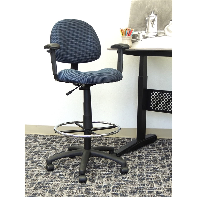 Boss Office Contoured Comfort Rolling Fabric Drafting Stool with Arms in Blue