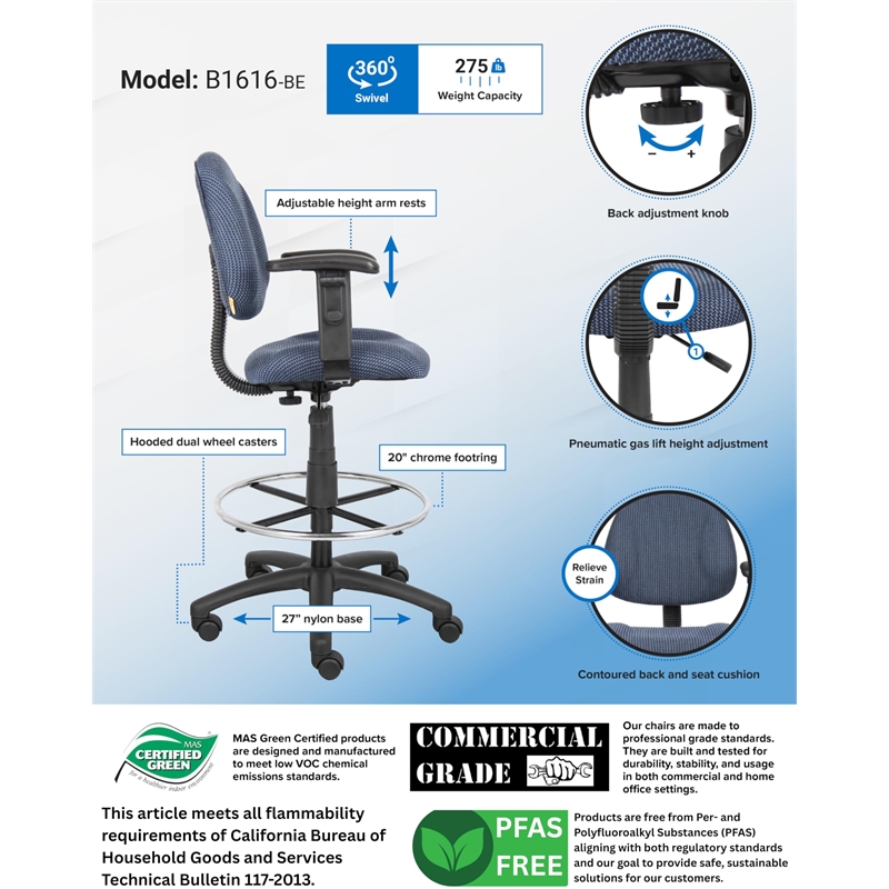 Boss Office Contoured Comfort Rolling Fabric Drafting Stool with Arms in Blue