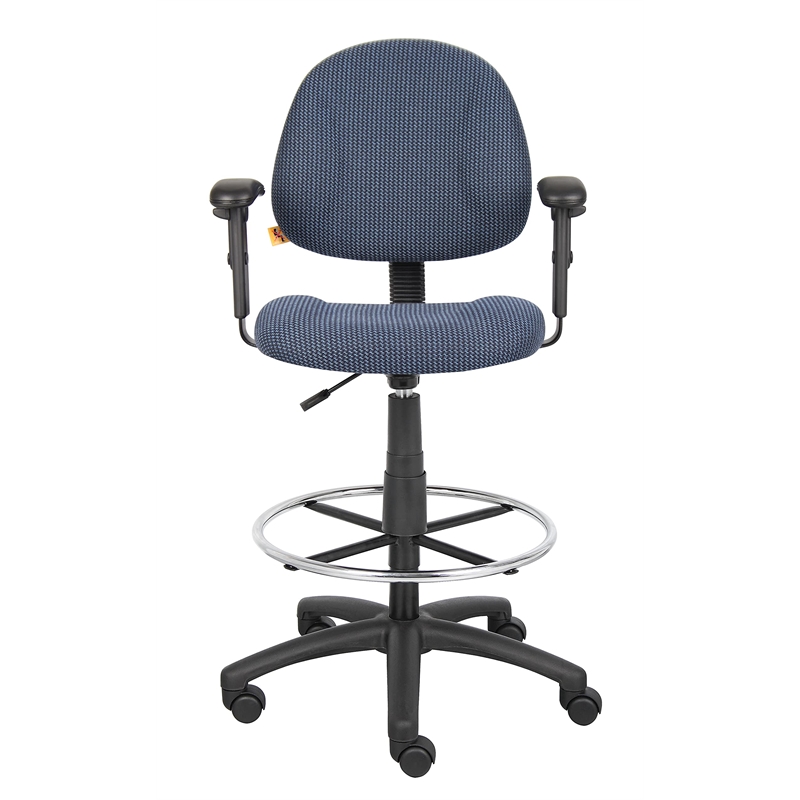Boss Office Contoured Comfort Rolling Fabric Drafting Stool with Arms in Blue
