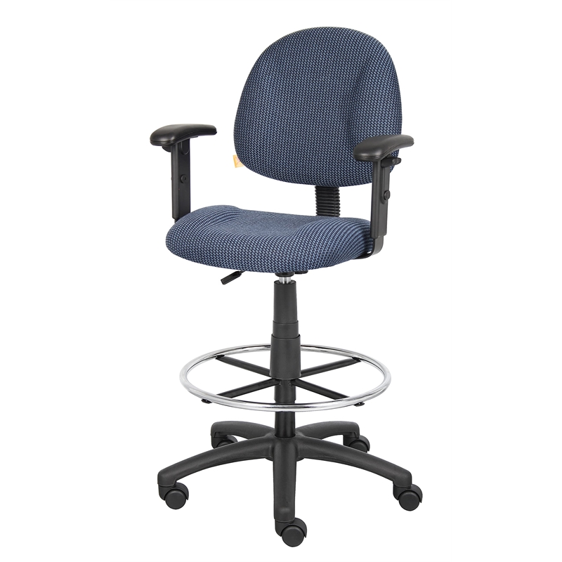 Boss Office Contoured Comfort Rolling Fabric Drafting Stool with Arms in Blue