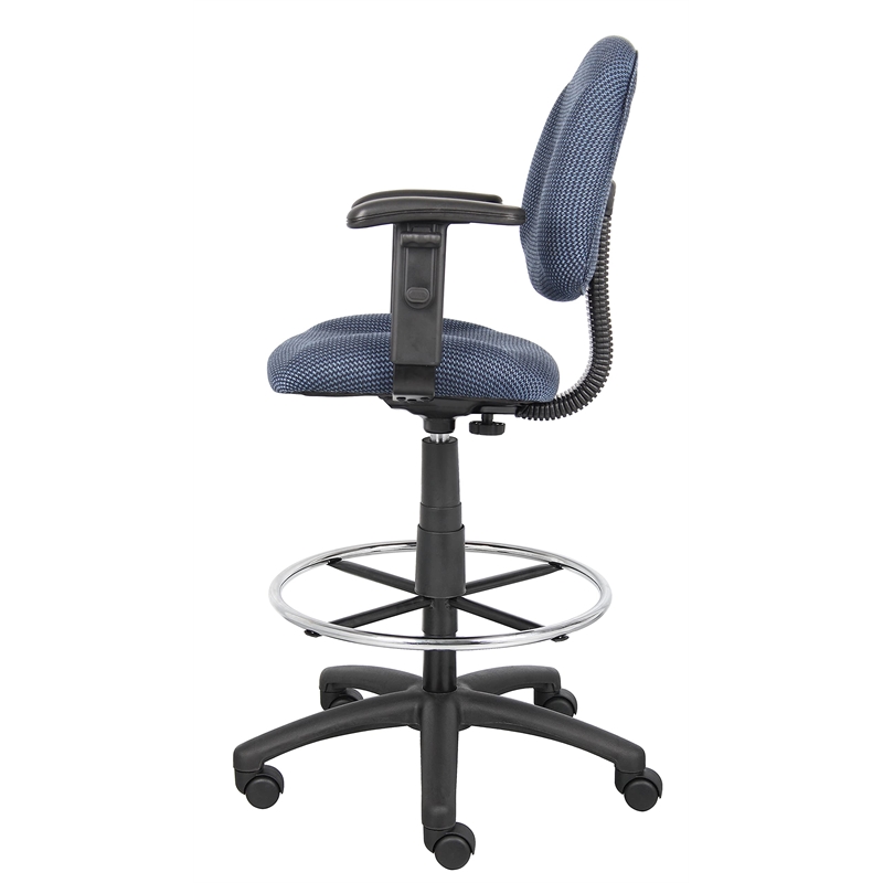 Boss Office Contoured Comfort Rolling Fabric Drafting Stool with Arms in Blue