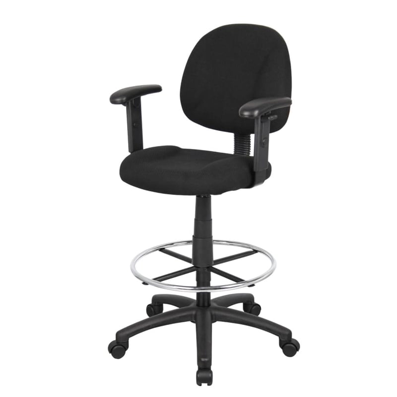 Boss Office Contoured Comfort Rolling Fabric Drafting Stool with Arms in Black