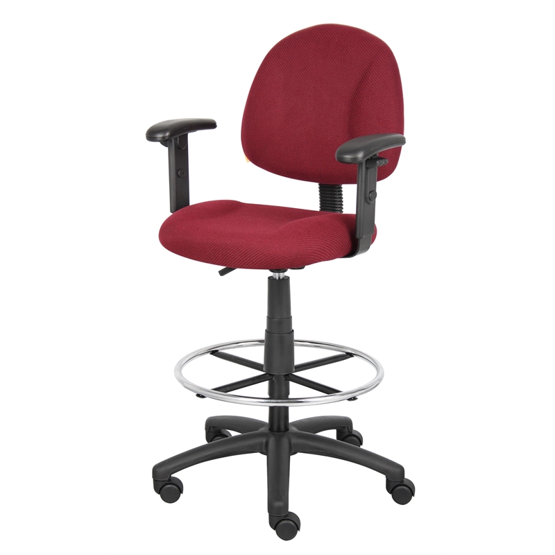 Boss Office Contoured Comfort Fabric Drafting Stool with Arms in Burgundy