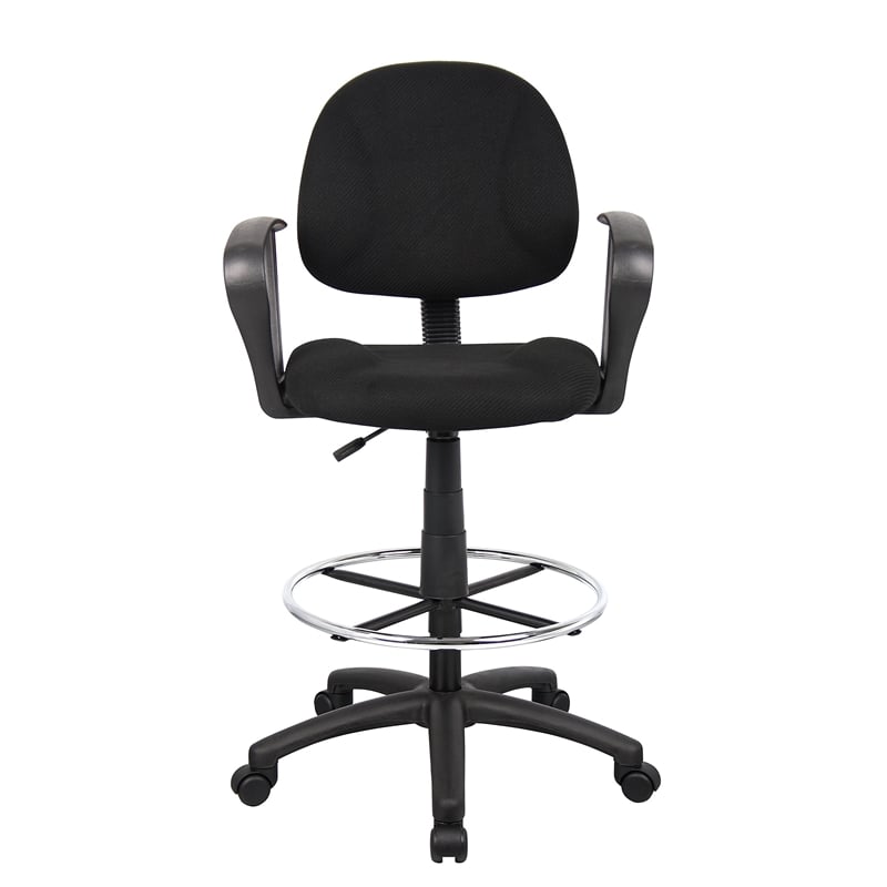 Boss Office Contoured Comfort Fabric Drafting Stool with Loop Arms in Black