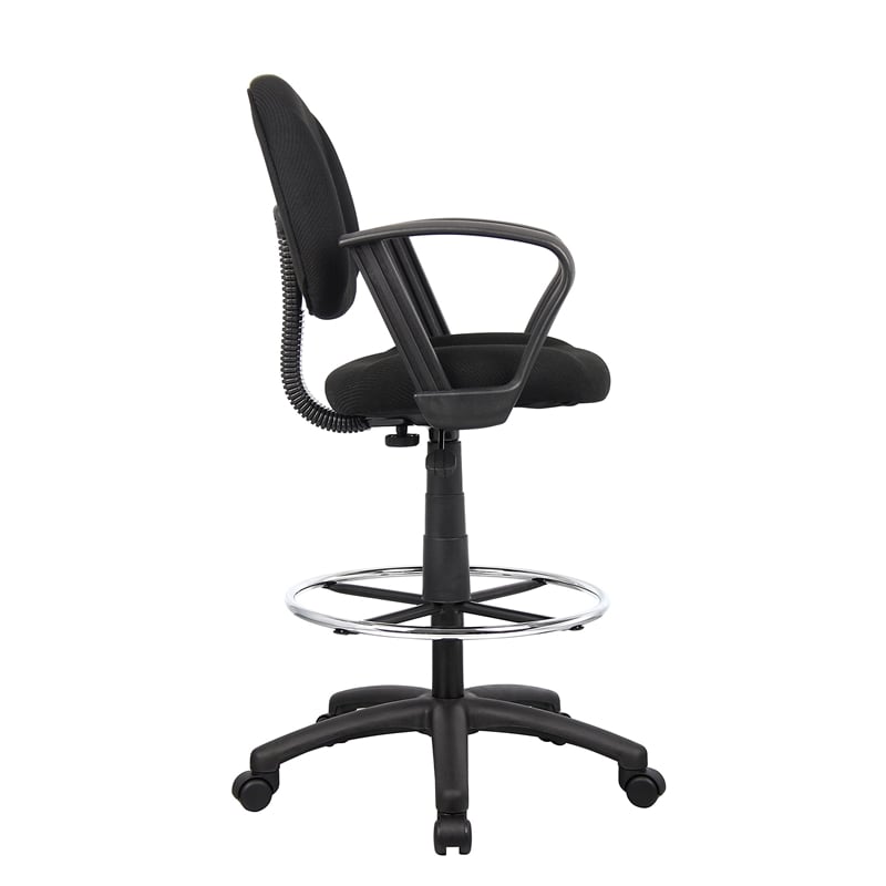 Boss Office Contoured Comfort Fabric Drafting Stool with Loop Arms in Black