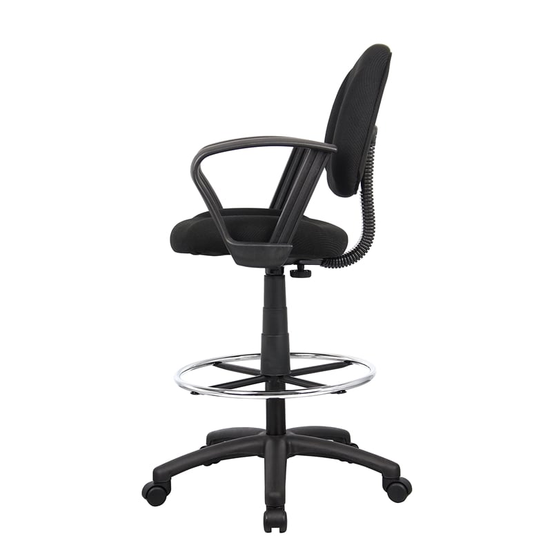Boss Office Contoured Comfort Fabric Drafting Stool with Loop Arms in Black