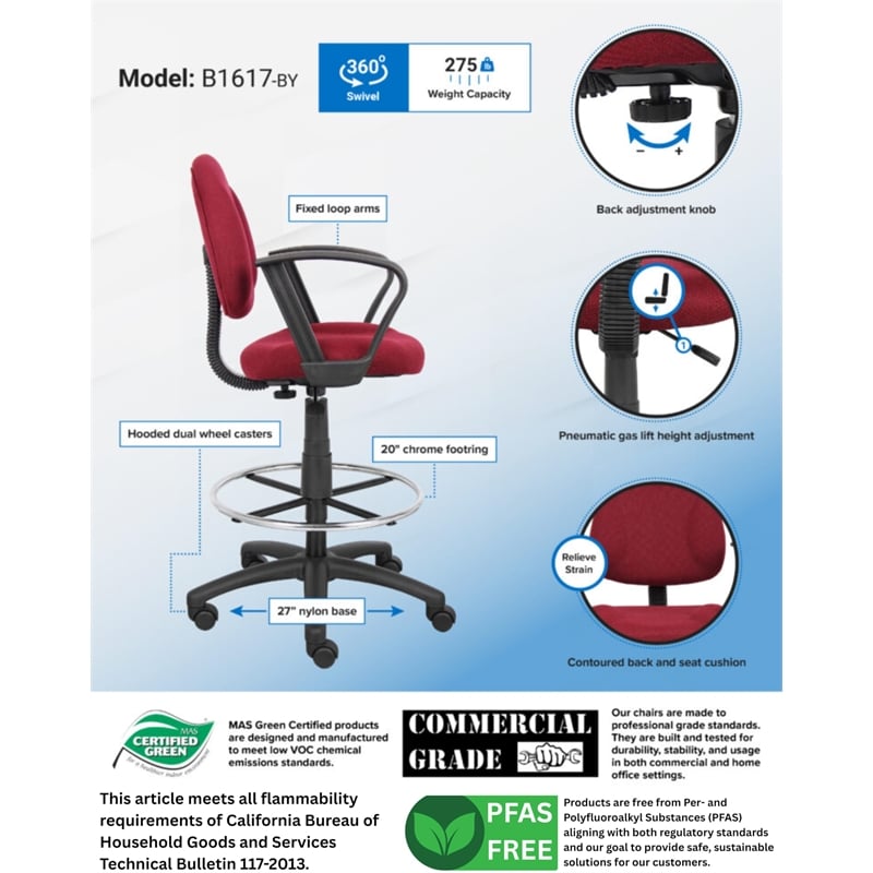Boss Office Contoured Comfort Fabric Drafting Stool with Loop Arms in Burgundy