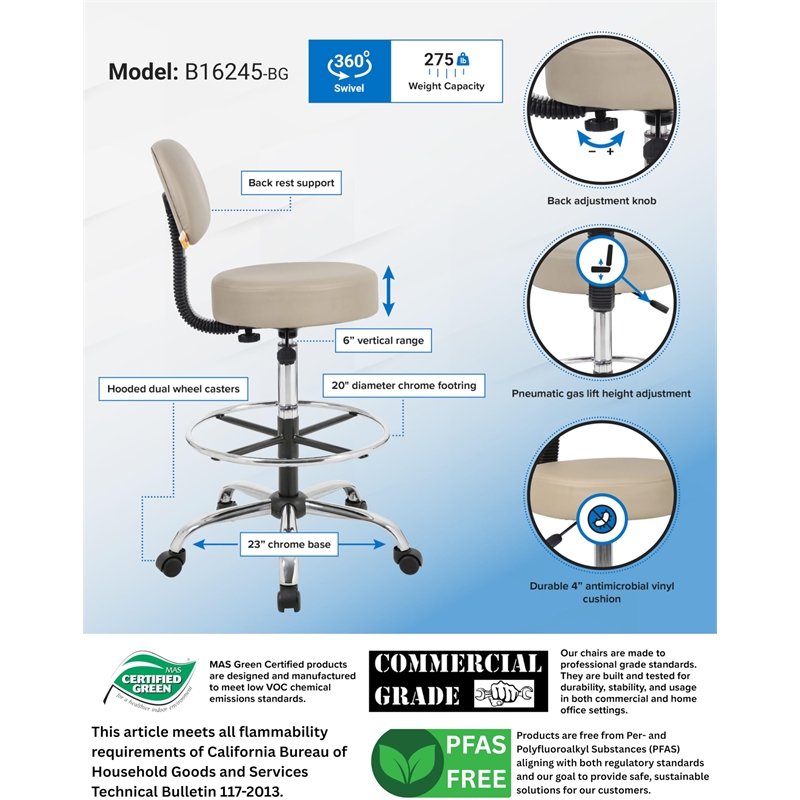Boss Office Products Vinyl Mid-Back Medical/Drafting Stool in Beige