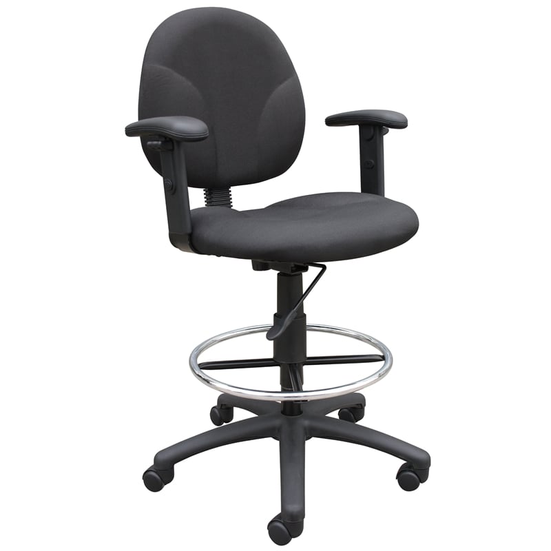Boss Office Adjustable Arm Fabric Upholstered Drafting Stool in Black