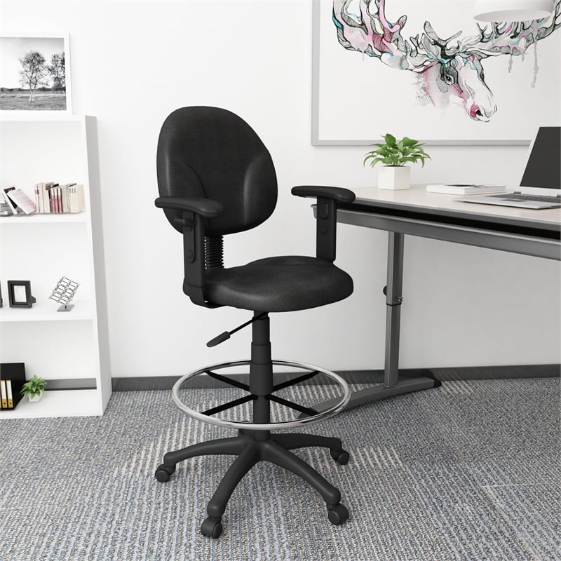 Boss Office Adjustable Arm Fabric Upholstered Drafting Stool in Black