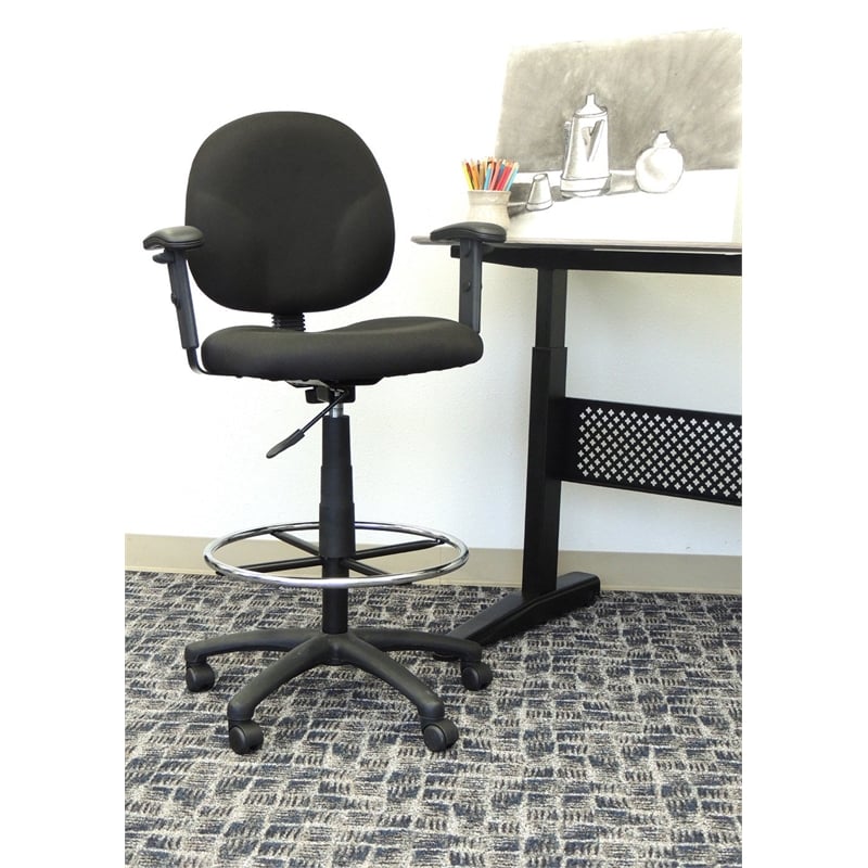 Boss Office Adjustable Arm Fabric Upholstered Drafting Stool in Black