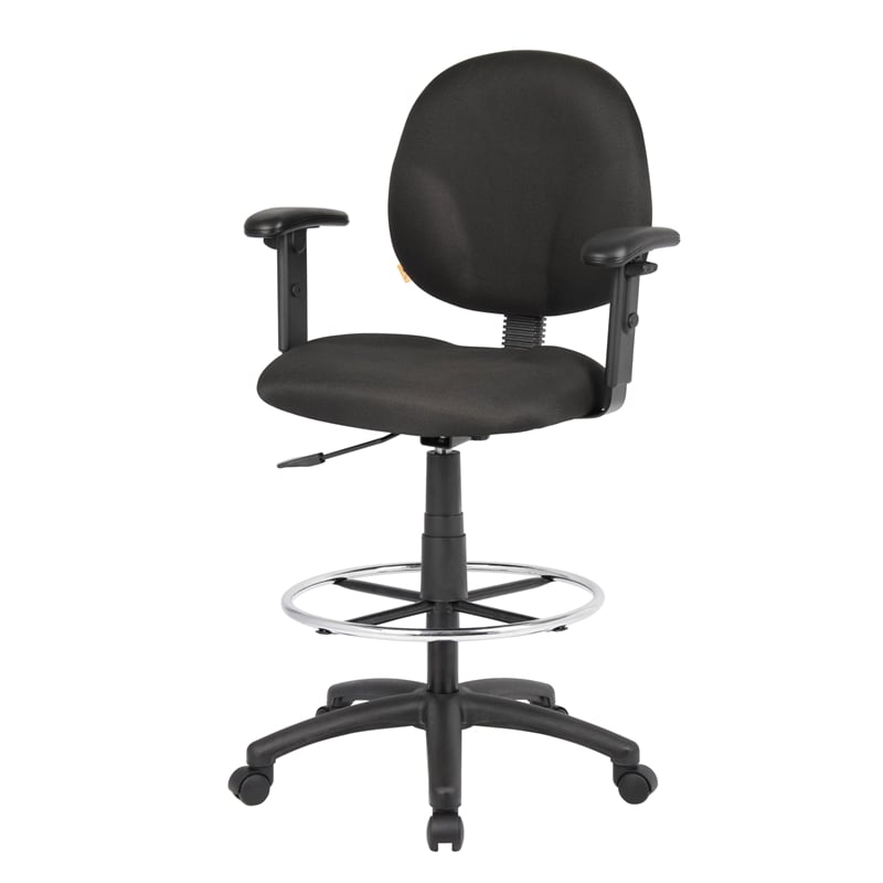 Boss Office Adjustable Arm Fabric Upholstered Drafting Stool in Black