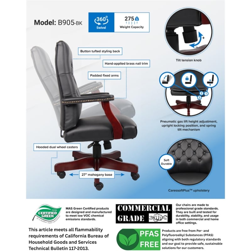 Boss Office Traditional High Back Faux Leather Tufted Executive Chair in Black