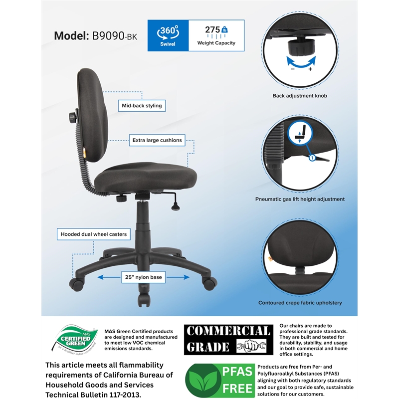 Boss Office Fabric Upholstered Wide Seat Office Swivel Chair in Black