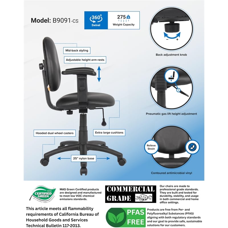 Boss Office Faux Leather Wide Seat Office Swivel Chair with Arms in Black