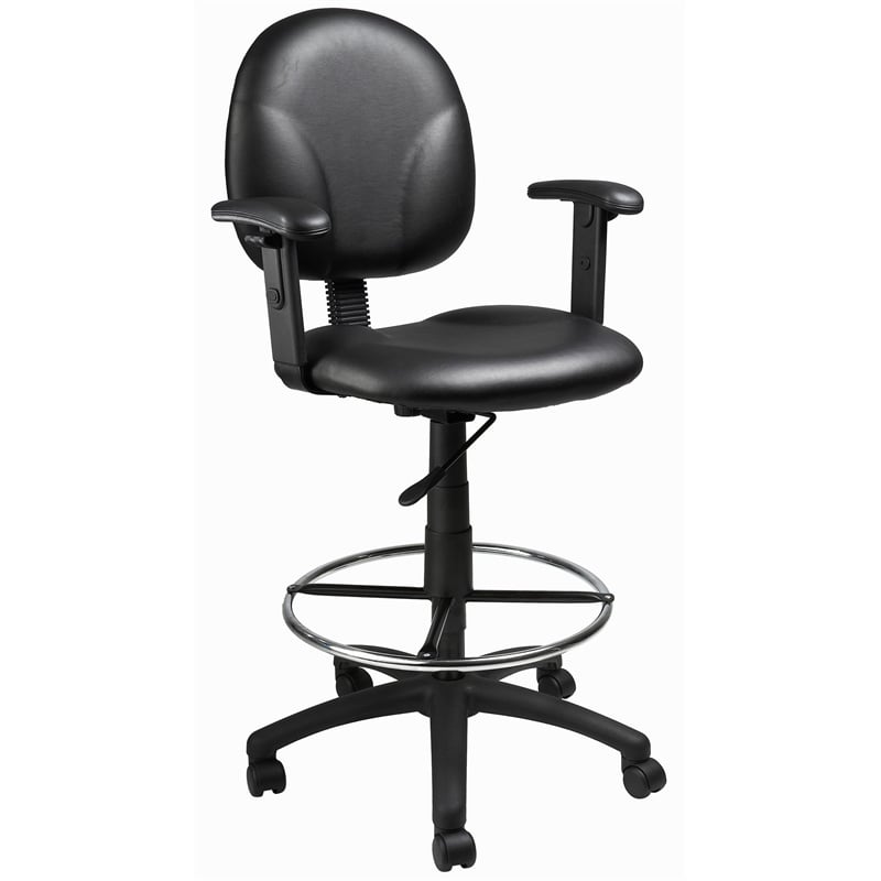Boss Office Adjustable Arm Faux Leather Upholstered Drafting Stool in Black