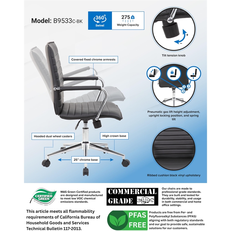 Boss Office Modern Ribbed Back Adjustable Office Desk Chair with Arms in Gray