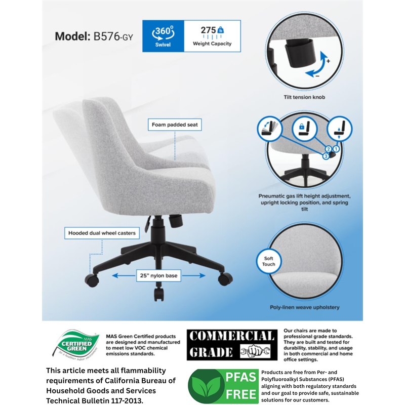 Boss Office Boyle Poly-Linen Guest Chair with Casters in Grey