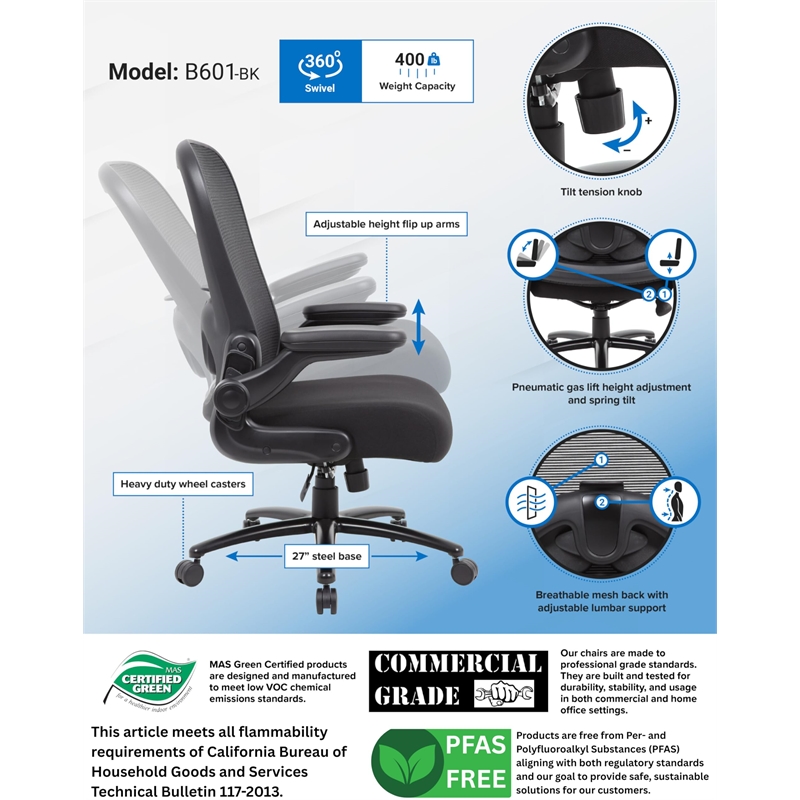 Boss Office Heavy Duty Flip Arm Mesh Task Chair 400-lb. Weight Capacity in Black