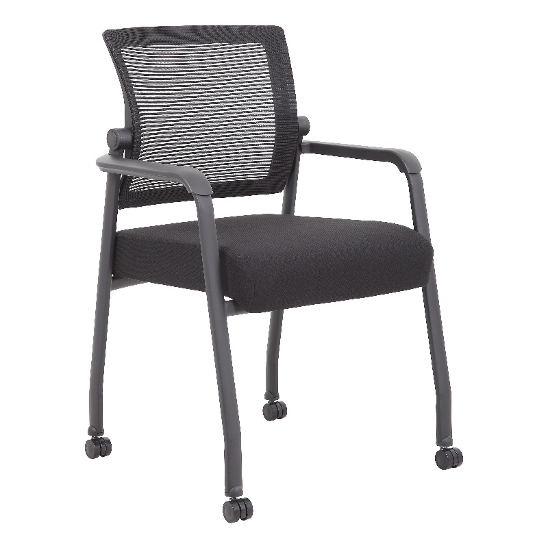 Boss Office Mesh 4-Legged Vinyl Guest Chair with Casters in Black