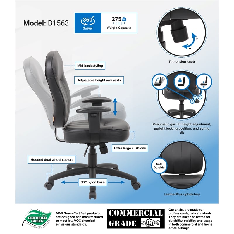 Boss Office Products Faux Leather Task Chair with Adjustable Arms in Black