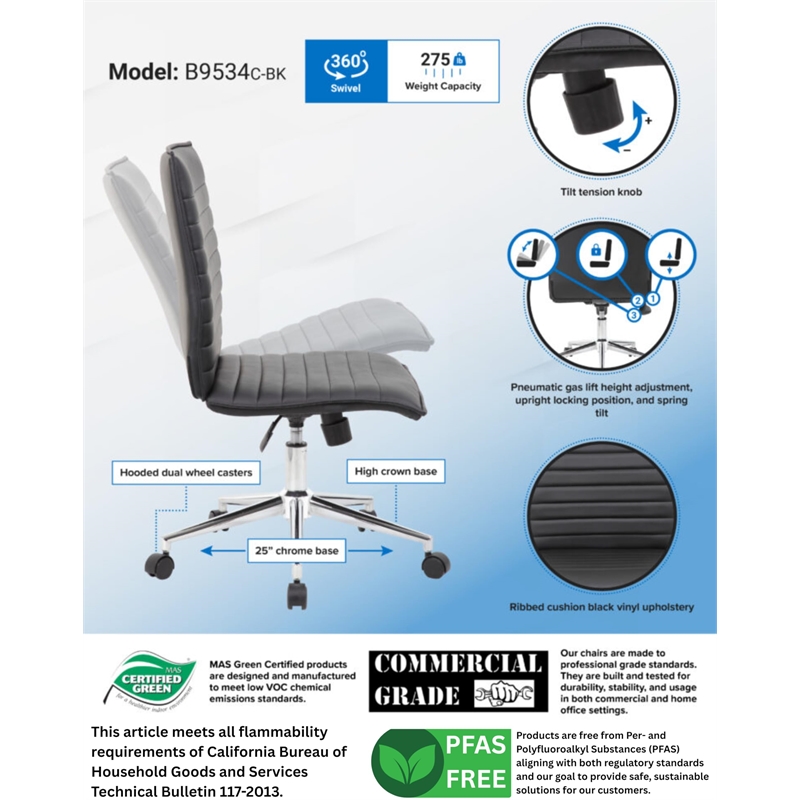 Boss Office Vinyl Armless Hospitality Chair in Black