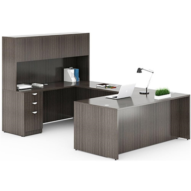 Boss Office U-Shape Desk Credenza with Pedestal and Hutch in Driftwood