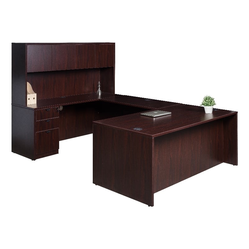 Boss Office U-shape Desk Credenza With Pedestal And Hutch In Mahogany 