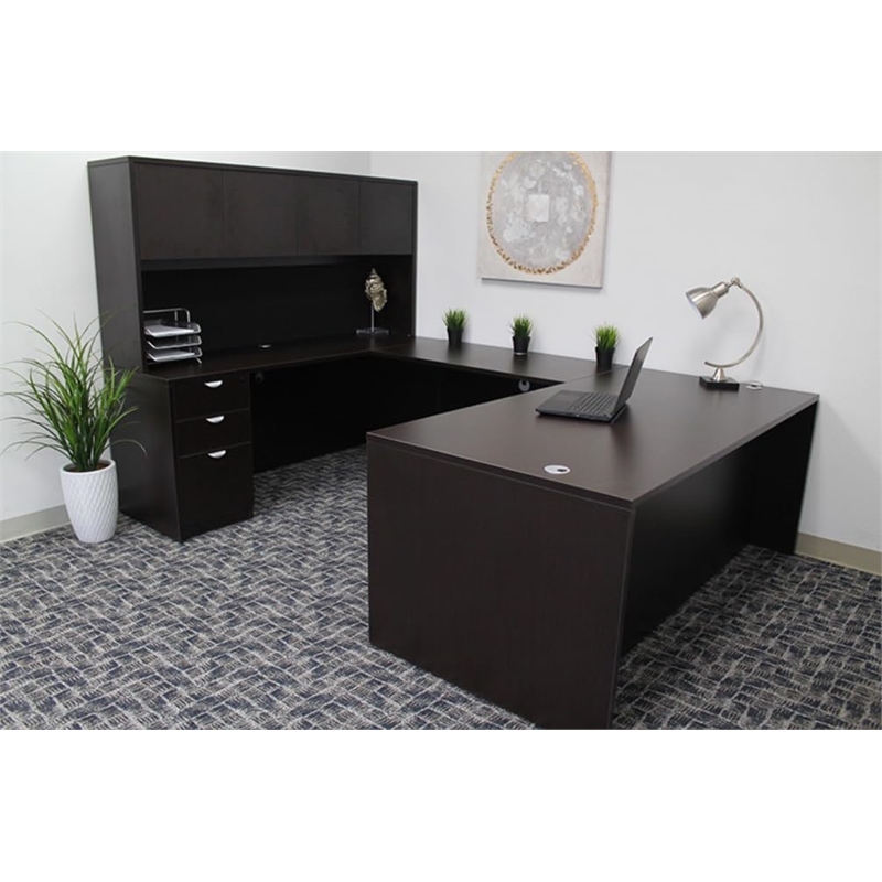 Boss Office U-Shape Desk Credenza with Pedestal and Hutch in Mocha