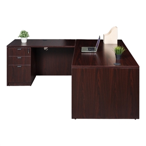 Boss Office L-Shape Desk with Pedestal in Mahogany